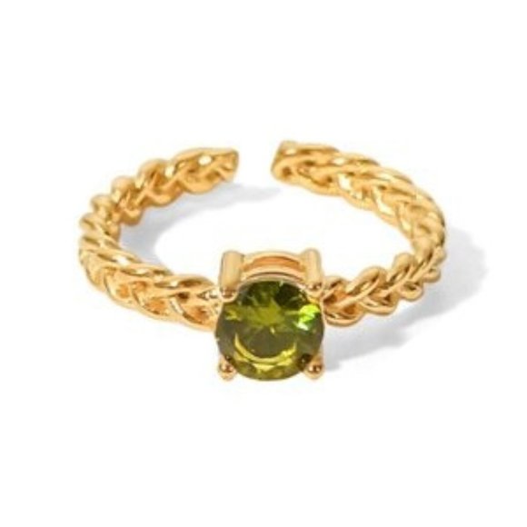 Olive Green Cubic Zirconia Woven Chain Adjustable Ring 18K Gold Plated Steel - Picture 4 of 10